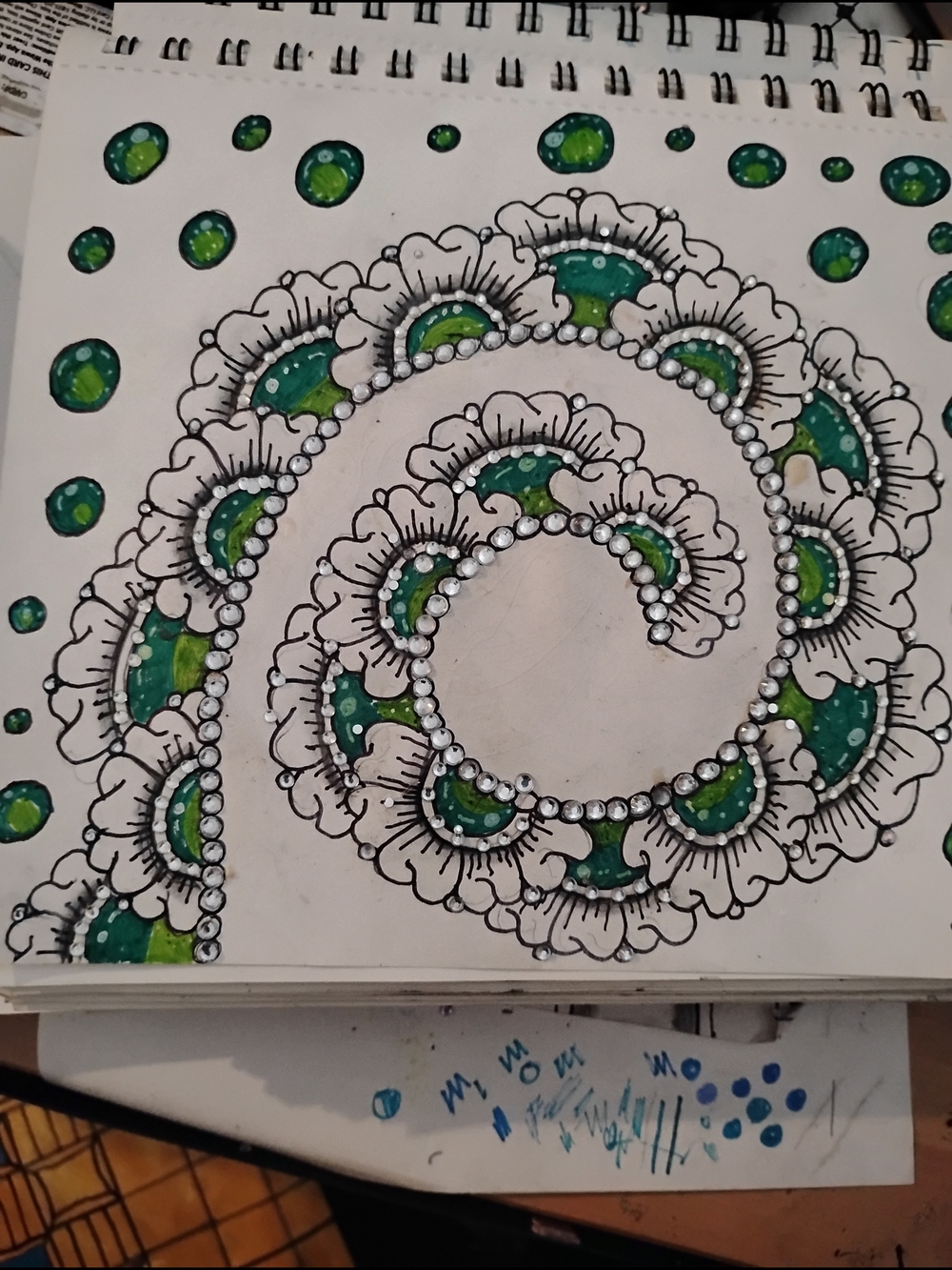 Hand-Drawn Floral Spiral Art with Green Accents With Rhinestones